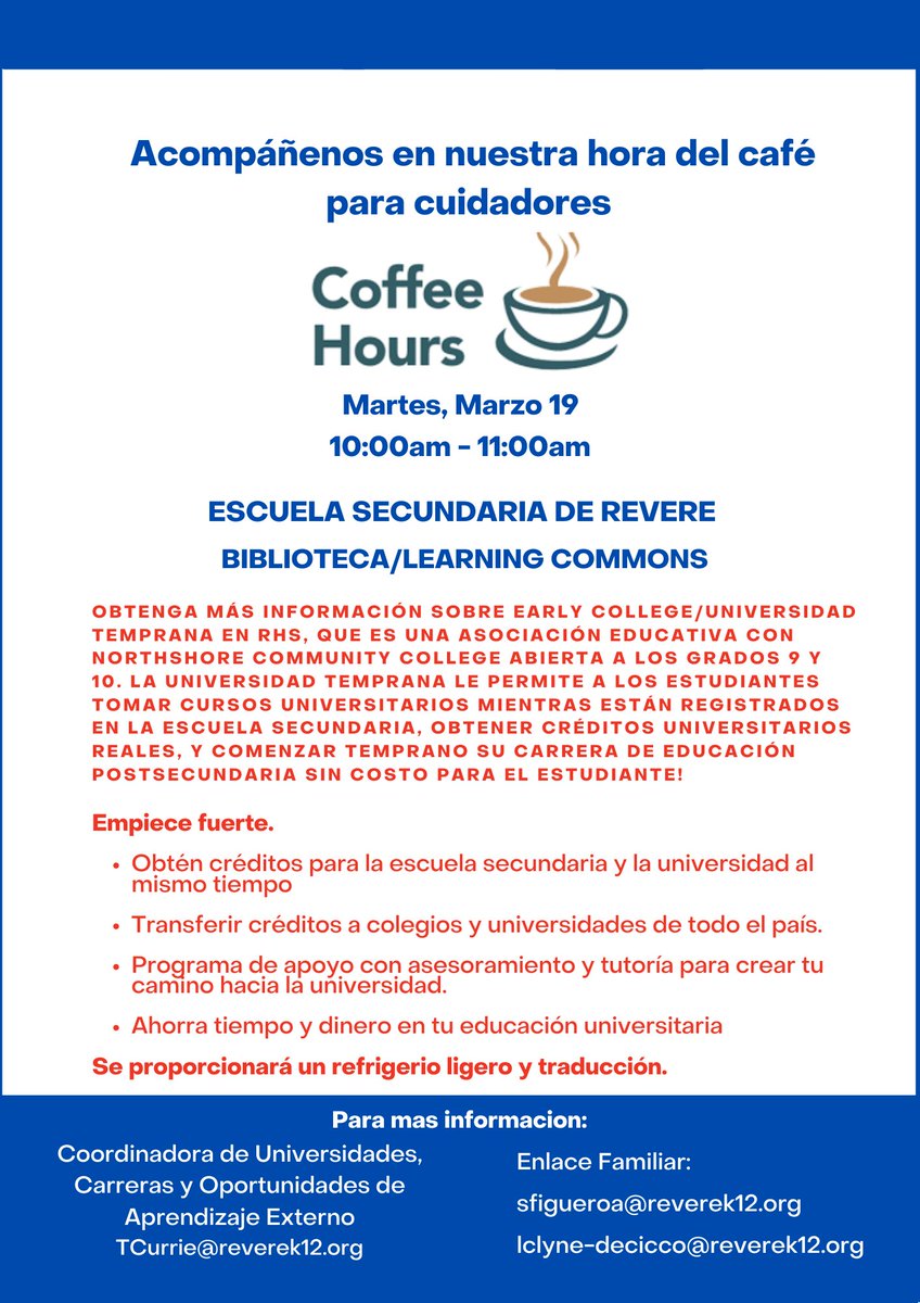 sandra_RHS's tweet photo. 📢Attention RHS caregivers of current 9th and 10th graders: Please join us on Tuesday, March 19, for our Coffee Hour to learn more about the Early College Program.
Learn how your student can earn college credits while in high school at no cost to you! https://t.co/4XDQezWVf7