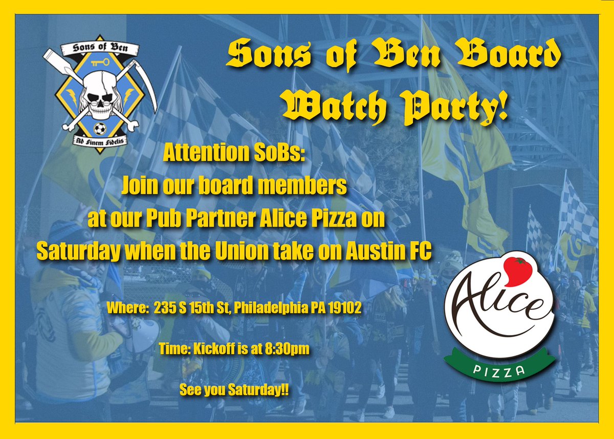 📣 SoBs unite! ⚽🔊 Cheer on the @PhilaUnion with us at the SoB Watch Party this Saturday 📅 Date: 3/16 🕒 Time: 8:30pm 📍 Location: 235 S 15th St, Philadelphia, PA 19102 Join us as we kick off a new tradition – monthly Union watch parties with the SoB Board! 🎊 #SoBWatchParty