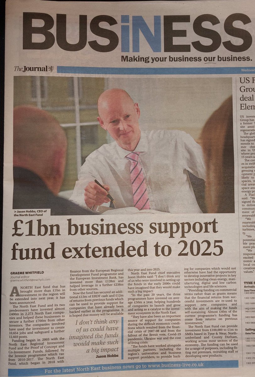 NorthEastFund's tweet photo. We are delighted to announce the £1bn impact which The North East Fund and its predecessors have had in the region. Companies based in Northumberland, Tyne & Wear and County Durham interested in funding, please see our website for details.

Thanks to @TheJournalNews and @Graemewhitfield for the great coverage in today’s paper.