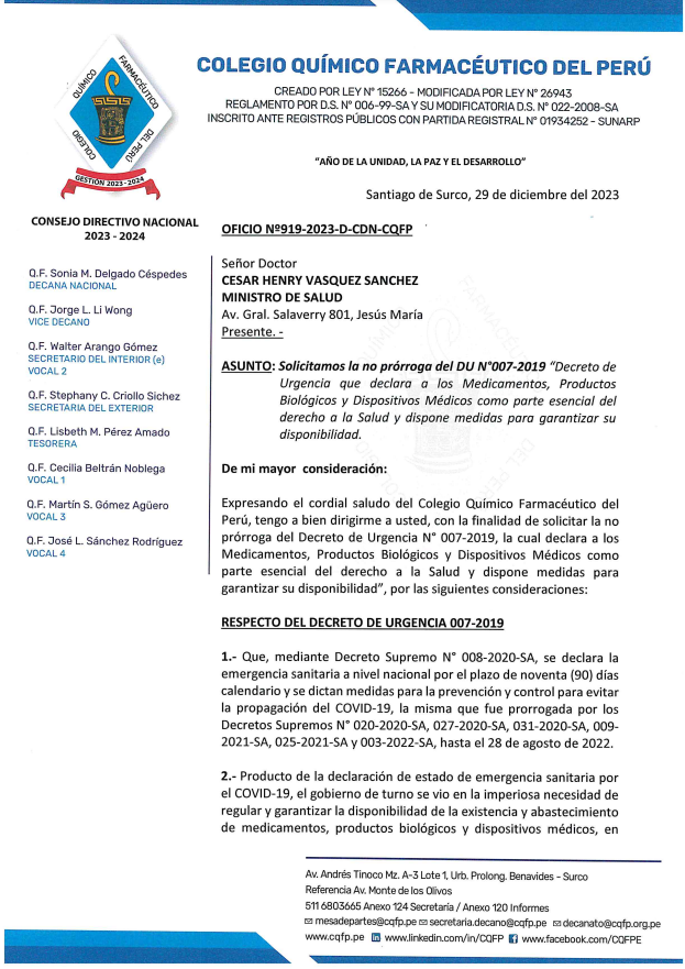 paolobenza's tweet photo. Miren, la carta que el CQFP envió al Minsa pidiéndole que no prorrogue la norma que obligaba a vender 34 genéricos tiene 7 páginas. La voy a dejar completa en este y el siguiente tuit, para que la lean.

En ninguna parte habla sobre qué medicamentos deben quitarse de la lista https://t.co/63pG16rk5k