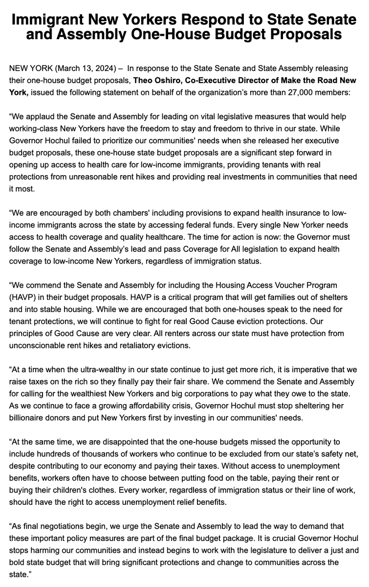 STATEMENT: In response to the State Senate and State Assembly releasing their one-house budget proposals, our @TheoOshiro said: “We applaud the Senate and Assembly for leading on vital legislative measures that would help working-class New Yorkers have the freedom to stay and…