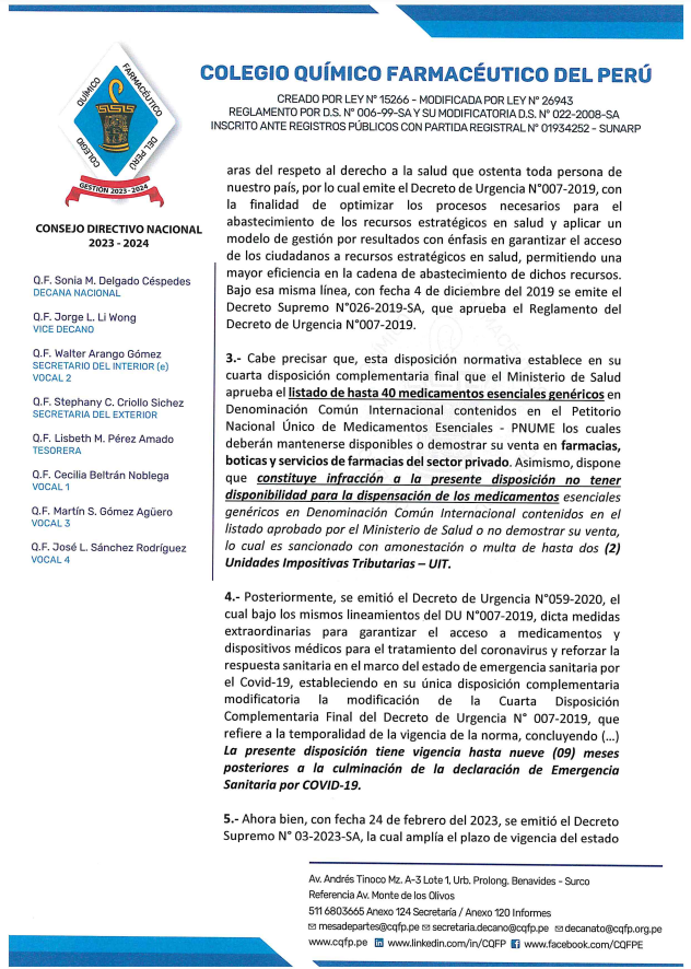 paolobenza's tweet photo. Miren, la carta que el CQFP envió al Minsa pidiéndole que no prorrogue la norma que obligaba a vender 34 genéricos tiene 7 páginas. La voy a dejar completa en este y el siguiente tuit, para que la lean.

En ninguna parte habla sobre qué medicamentos deben quitarse de la lista https://t.co/63pG16rk5k