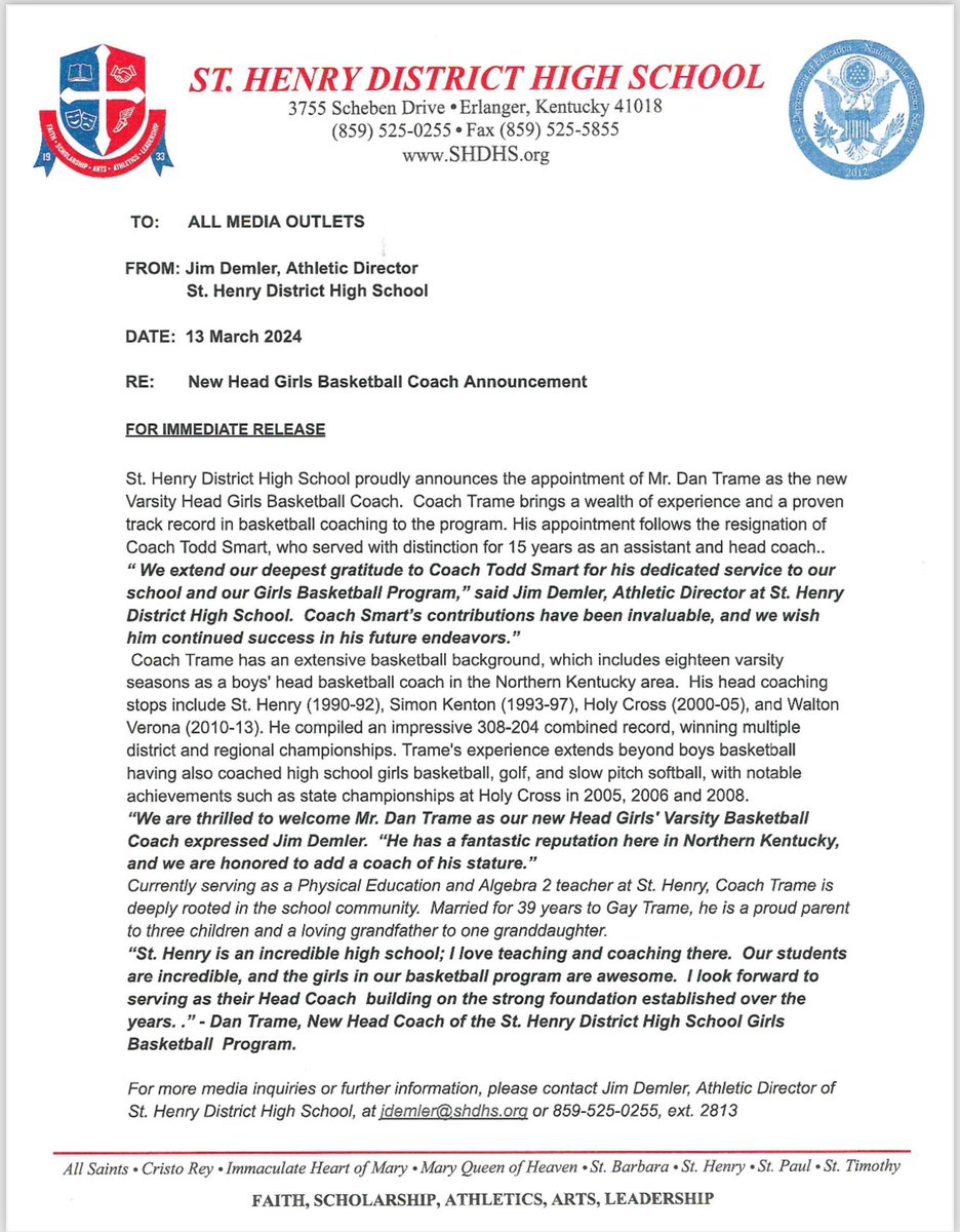 StHenrySports's tweet image. 🏀 WBB - We are excited to announce Dan Trame as the new varsity women’s basketball head coach for the St. Henry Crusaders! With his strong leadership and knowledge of the game, the CRU are looking forward to a bright future. Welcome, Coach Trame‼️

#LetsGoCRU