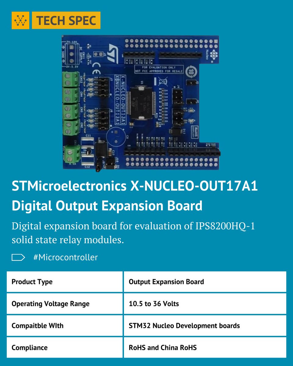 WevolverApp's tweet image. STMicroelectronics X-Nucleo-OUT17A1 can interface with various microcontrollers such as the STM32 Nucleo using STISO620, STISO621, and Arduino UNO R3-compatible connectors.  .

Learn more about the #TechSpec here: wevlv.co/49VcII7