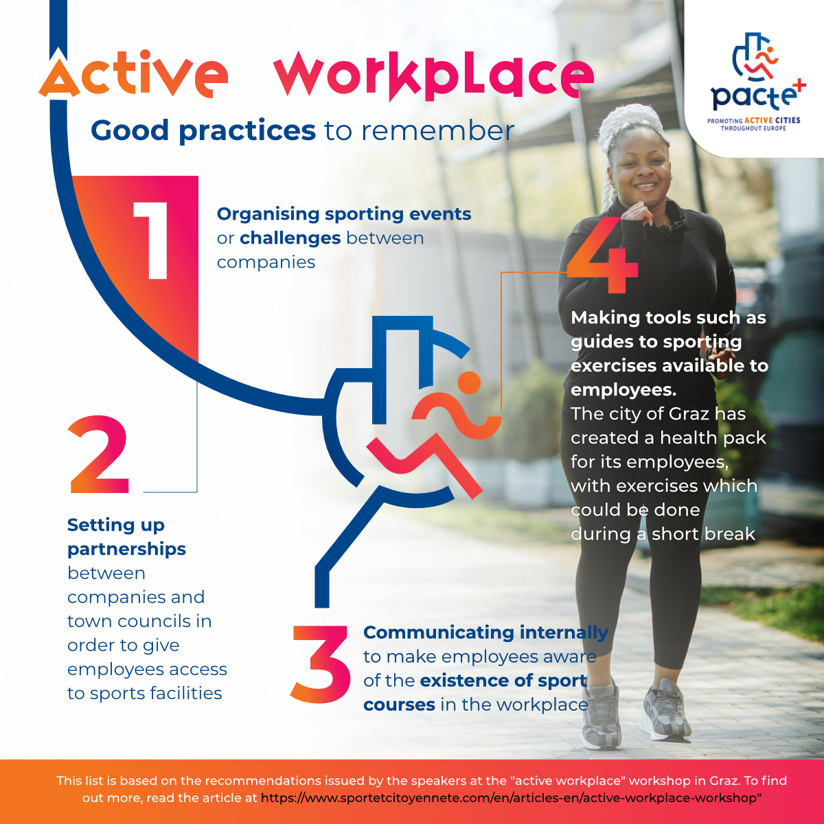 🏃‍♂️How to promote sport in the #company? Discover the good practices to remember from the 'active workplace' workshop held in Graz as part of the Pacte+ project. @PacteProject ➡️pacteproject.com/how-to-create-… #ActiveCity