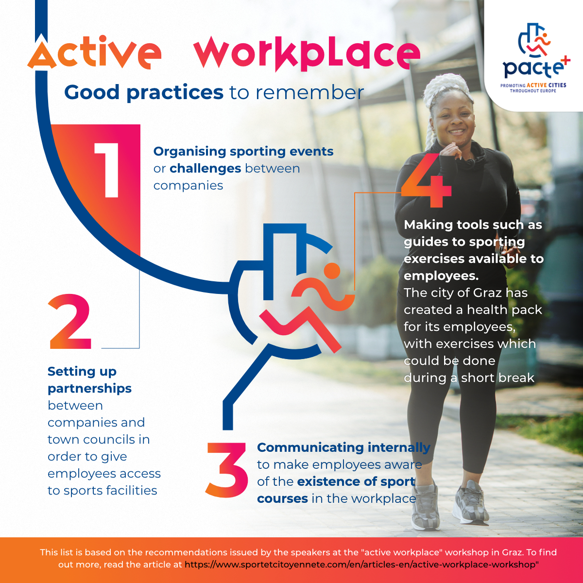 SportandCitizen's tweet photo. 🏃♂️How to promote sport in the #company?
Discover the good practices to remember from the "active workplace" workshop held in Graz as part of the Pacte+ project. @PacteProject
➡️https://t.co/ywLFRllYXX
#ActiveCity https://t.co/M8LLGeNvGY