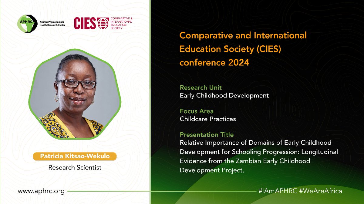 #IAmAPHRC at #CIES2024 by @cies_us. 

As the lead of APHRC's Early Childhood Development Research Unit @kadzomudzo pursues & guides programs that seek to provide models of best practices in ECD service provision, improve children’s outcomes & support women’s economic empowerment.