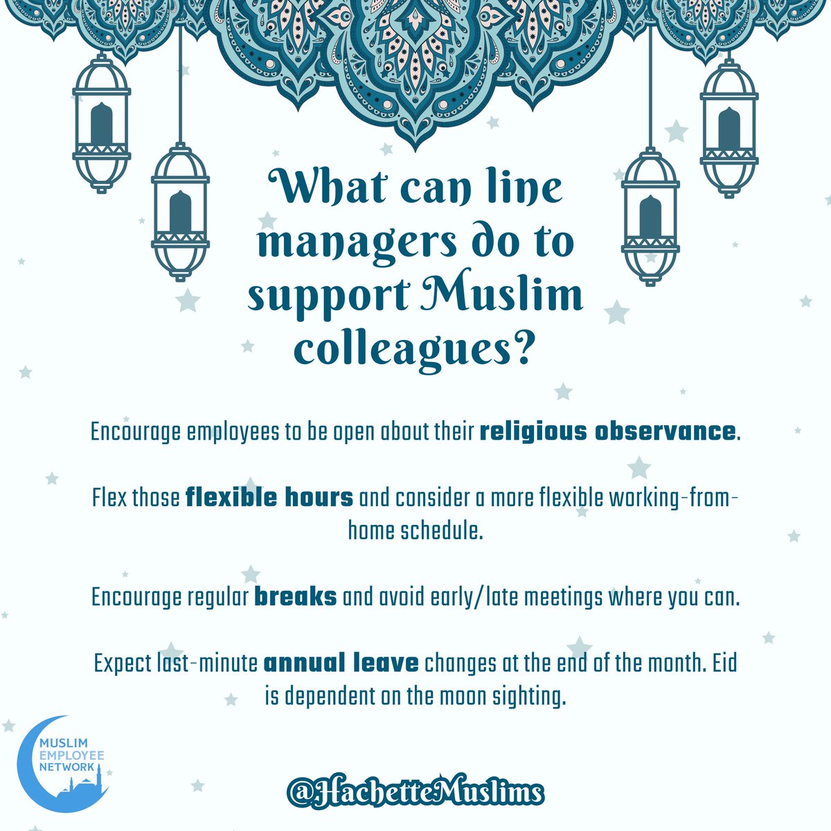 Ramadan Mubarak 🌙 

Our brilliant Muslim Employee Network, <a href="/HachetteMuslims/">Muslim Employee Network</a>, have put together some great resources to help support our Muslim colleagues this Ramadan- check them out!