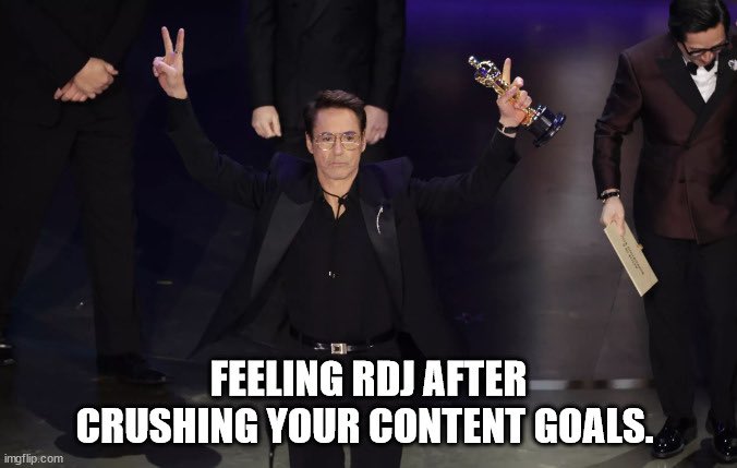 When you finally hit your content goals! We get you RDJ!
#Oscars2024 | #oscarmeme #contentmarketing
