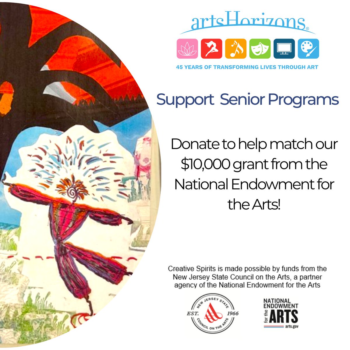 artshorizons1's tweet photo. The National Endowment for the Arts has awarded Arts Horizons a $10,000 matching grant for seniors. Help us meet our match by DONATING NOW!  
https://t.co/ubOCDz17Gs
#artshorizons #artsgiveback #artsednow #artseducation #NJnonprofit #NEAarts #alifeinthearts #AARP https://t.co/MwI8SPeTJ4