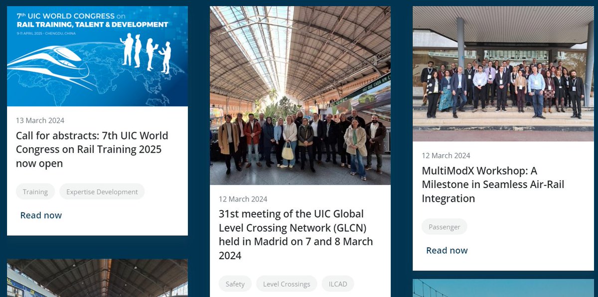 Please find the latest eNews articles on the opening of the Call for abstracts of the 7th UIC World Congress on Rail Training 2025, the 31st meeting of the UIC (GLCN) held in Madrid on 7 and 8 March 2024, the MultiModX Workshop: uic.org/com/enews/
