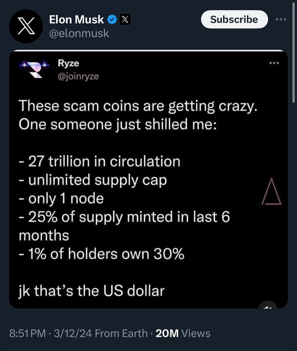 ICYMI: Elon Musk posted a scam coin meme making fun of the U.S. Dollar