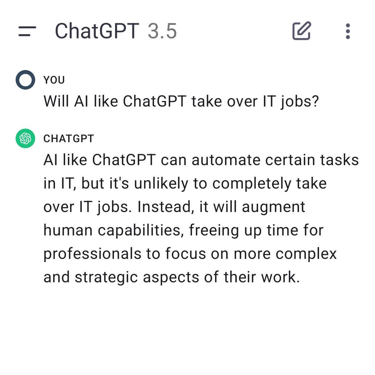 CodeXLR8's tweet image. Will #AI take over IT #Jobs? Here&apos;s what #ChatGPT has to say... #Devin