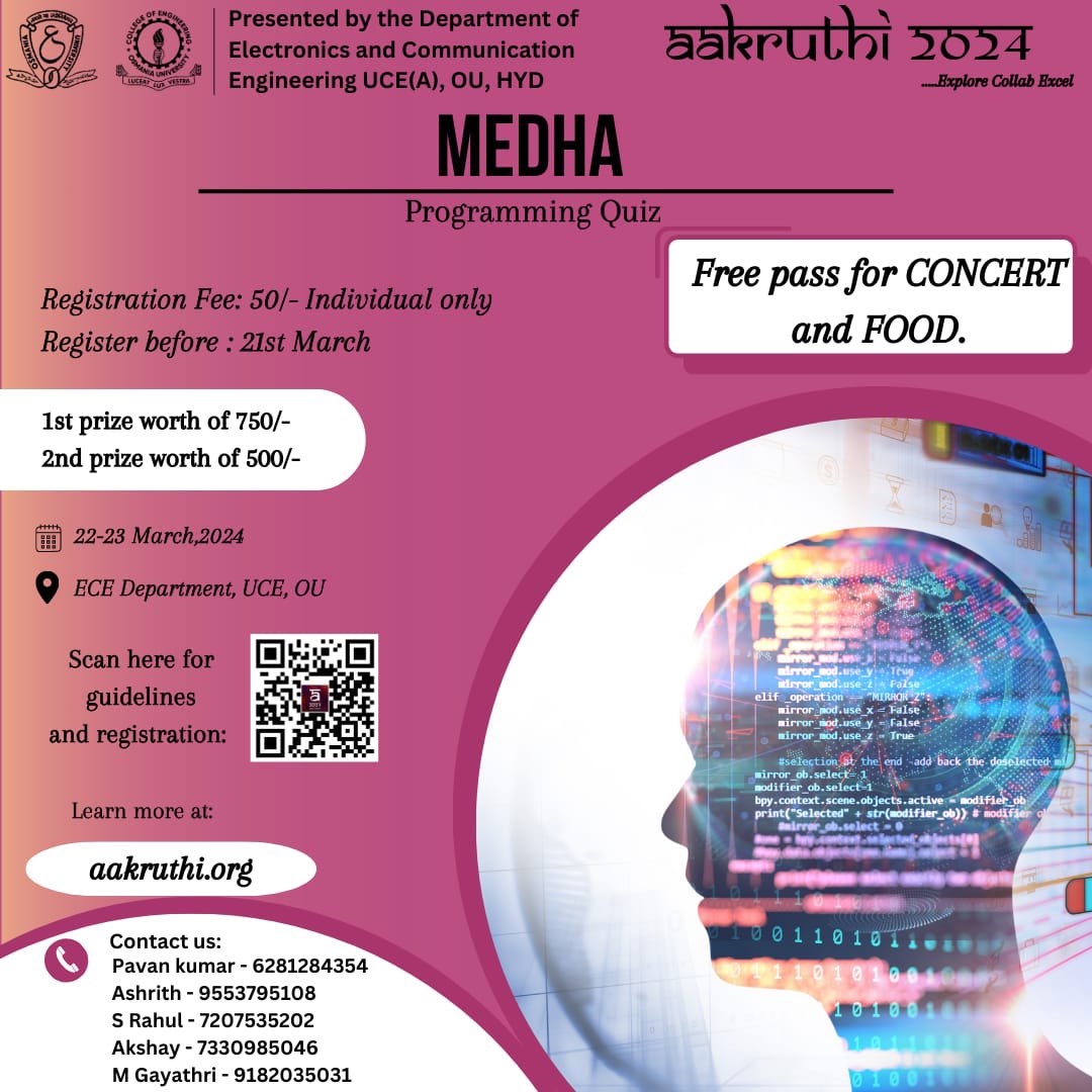 aakruthi_2024's tweet image. 🧠 Join #Medha2024 Coding Quiz!
💻 Dive into problem-solving.
🏆 Compete, emerge champion.
🌟 Let your code speak brilliance!
Registeration link:-
lnkd.in/gguasft8
#CodingQuiz
#ProgrammersParadise
#OU
#ECE
#uceou
#Aakruthi2024