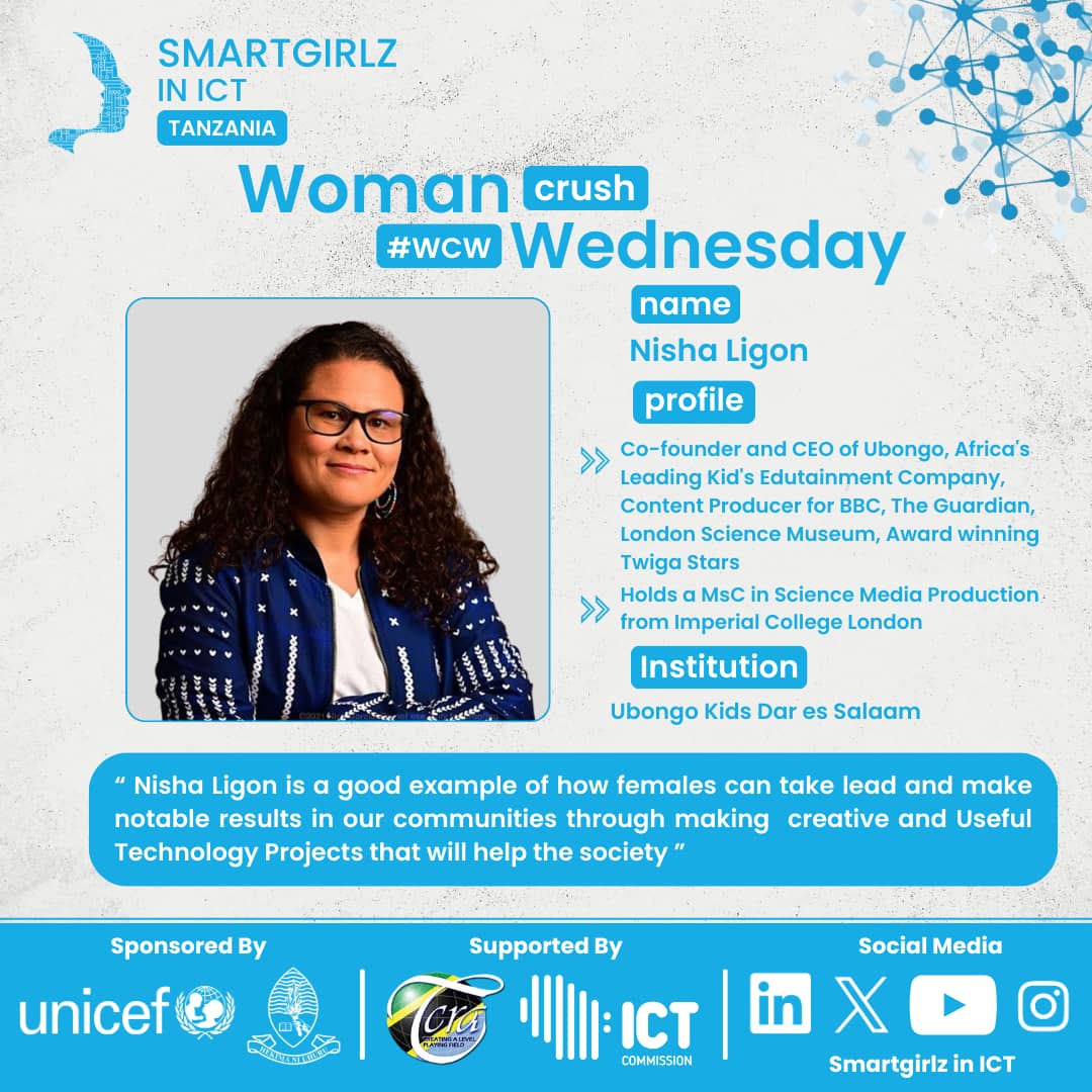 🌟 Woman Crush Wednesday🌟

Meet Nisha Ligon, Co-founder and CEO of Ubongo, Africa's leading Kid's Edutainment Company. An MSC holder from Imperial College London, Nisha is a trailblazer in driving impactful results through technology.#WCW! 💪🚀 
#SmartGirlz #WomenInICT