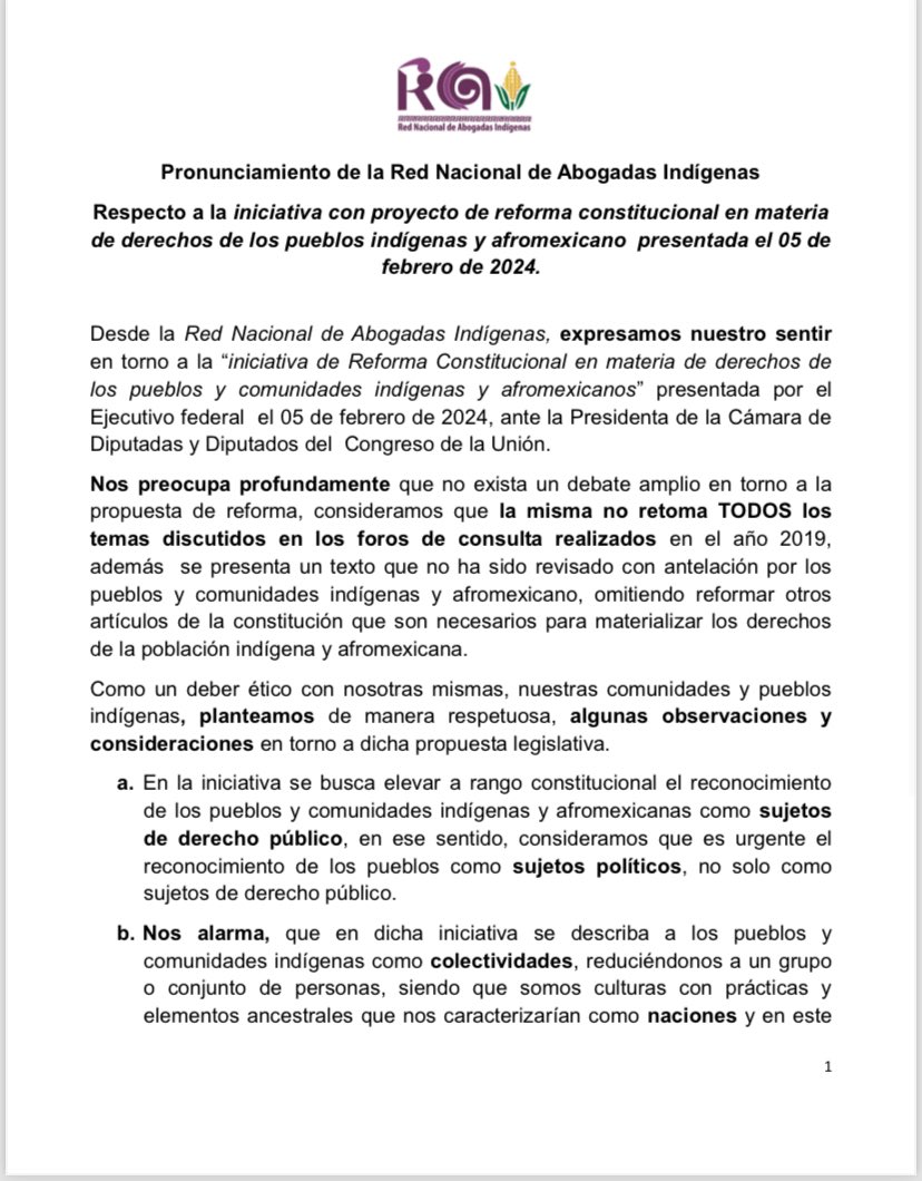 RedAbogadas's tweet photo. 📢*PRONUNCIAMIENTO*
Desde la #RAI 🇲🇽 nos pronunciamos en torno a la reciente  Iniciativa d Reforma Constitucional en materia de Derechos indígenas y Afromexicanos.

Aquí nuestras consideraciones👇🏽
@lopezobrador_
@DEELAYUUK
@DiputadosMorena
@Claudiashein
@GobiernoMX
@Mx_Diputados https://t.co/UFXxi5UaAX