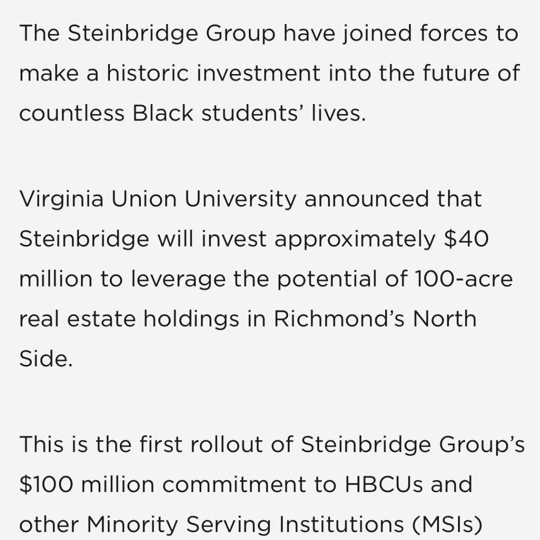 steinbridge_gr's tweet photo. Sharing a great midweek read into some of the historic initiatives we’ve been kicking off at Steinbridge Group: Essence, Investment Firm Steinbridge Group Just Made The Largest Investment In This Black University's History: https://t.co/FAHJPeQyUD
#realestate #impactinvesting https://t.co/nj7MlAzHXX