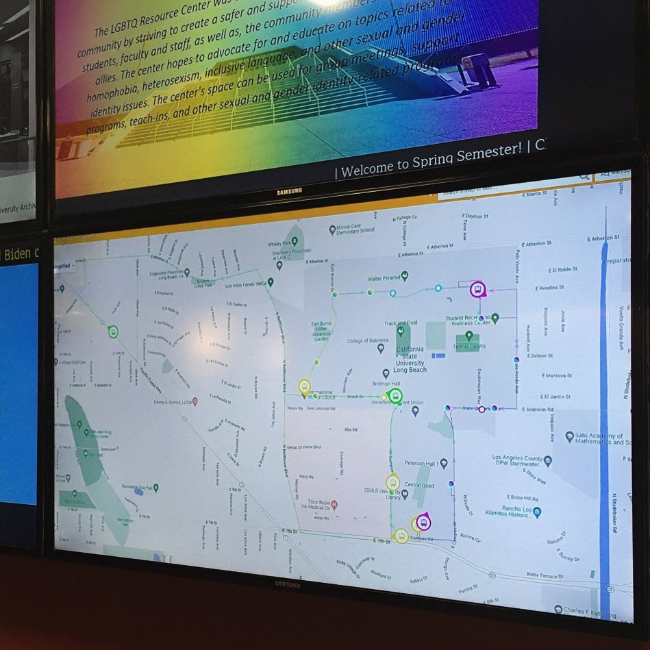 Want to enjoy your drink in the Caffeine Lab @csulblibrary rather than stand at the shuttle stop? Now displayed on the cafe screens is the live map of shuttle locations, so you know exactly when to head out! @CSULB_Parking