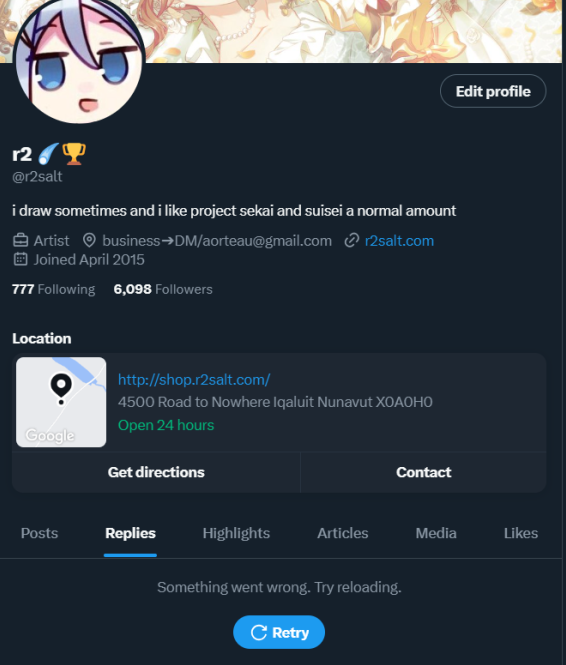 <a href="/Support/">Support</a> my girlfriend's an artist and her account with 6k followers <a href="/r2salt/">r2 ☄️🏆</a> was just permanently suspended without any warning or explanation?

Appeals have been met INSTANTLY with "After reviewing for reinstatement your account will not be restored", which makes no sense 
1/x