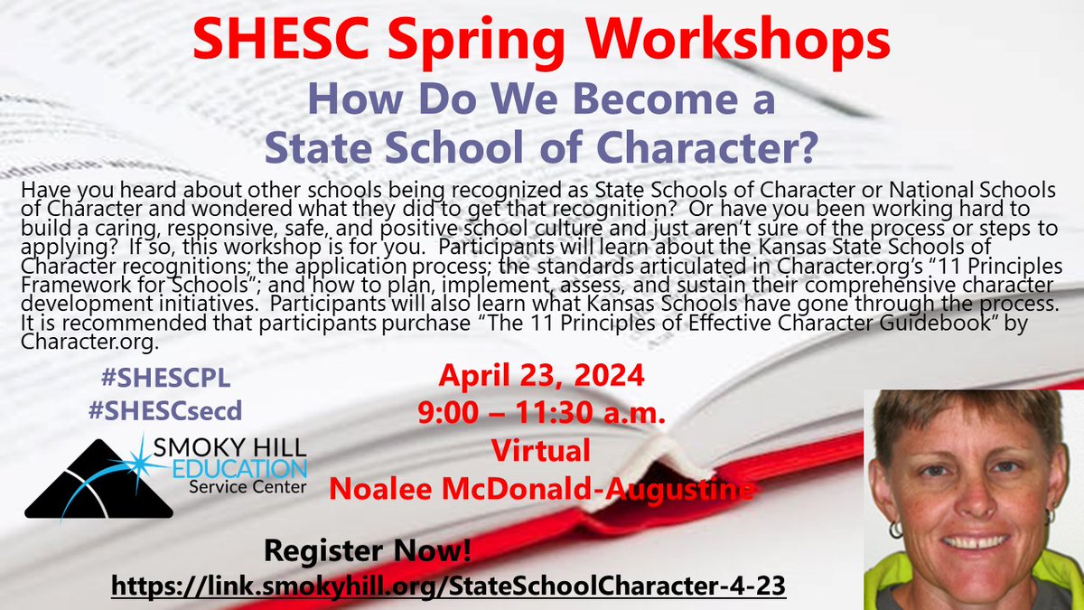 Does your school or district want to become a State School of Character? Come learn about the application process, the 11 Principles of Character Ed, and schools in Kansas who have gone through the process. Enroll at link.smokyhill.org/HelpforBilly-S…….  #SHESCPL #SHESCsecd
<a href="/SmokyHillEDU/">Smoky Hill Education Service Center</a>