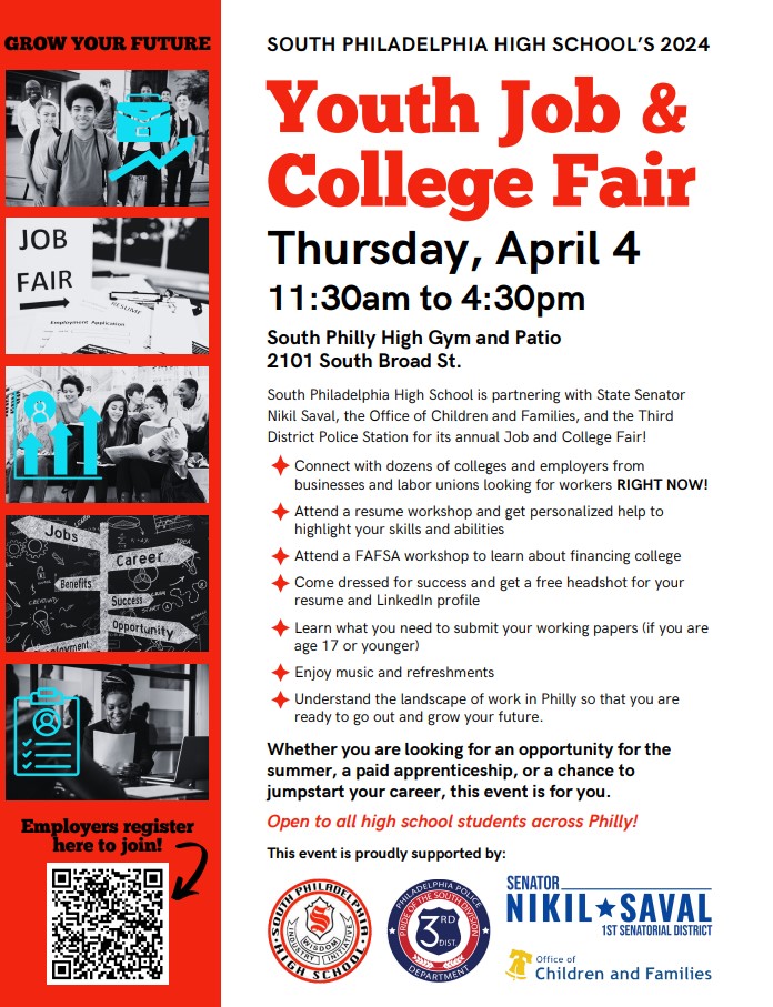 Join us April 4th 11:30am - 4:30pm at South Philadelphia High School for our Youth Job & College Fair