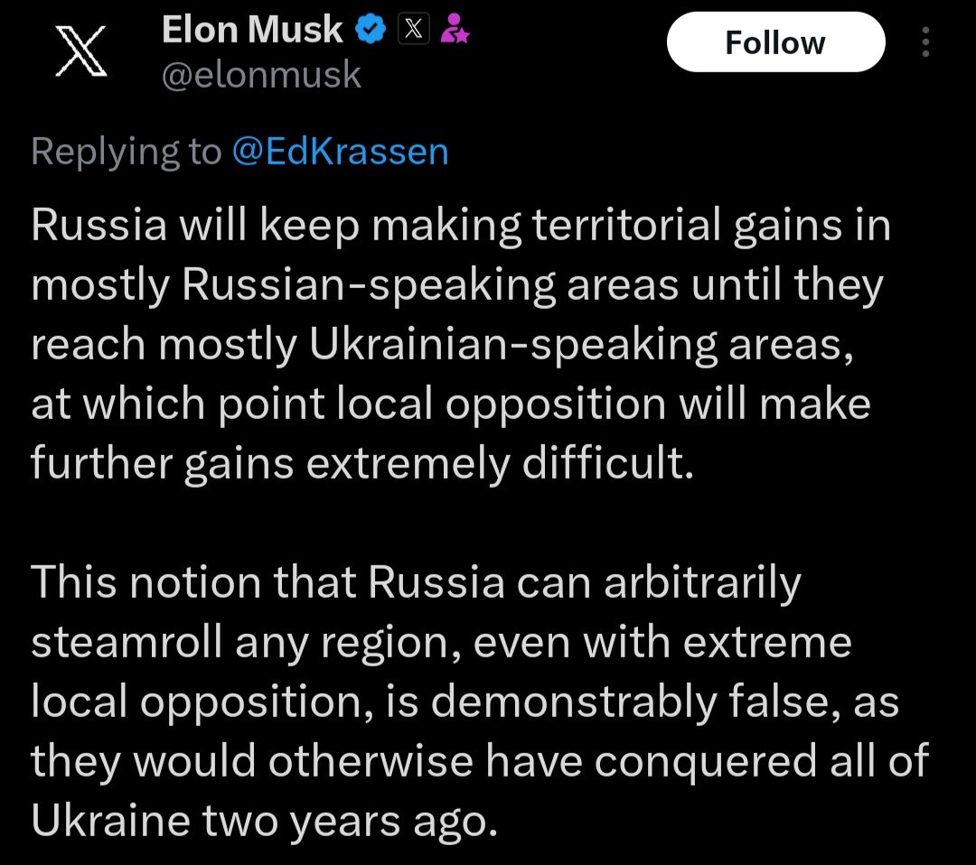 elon just keeps spreading russian propaganda. literally 24/7 non stop. imagine having access to all the sources and you still wake up and decide hell yeah i'll eat russian shit