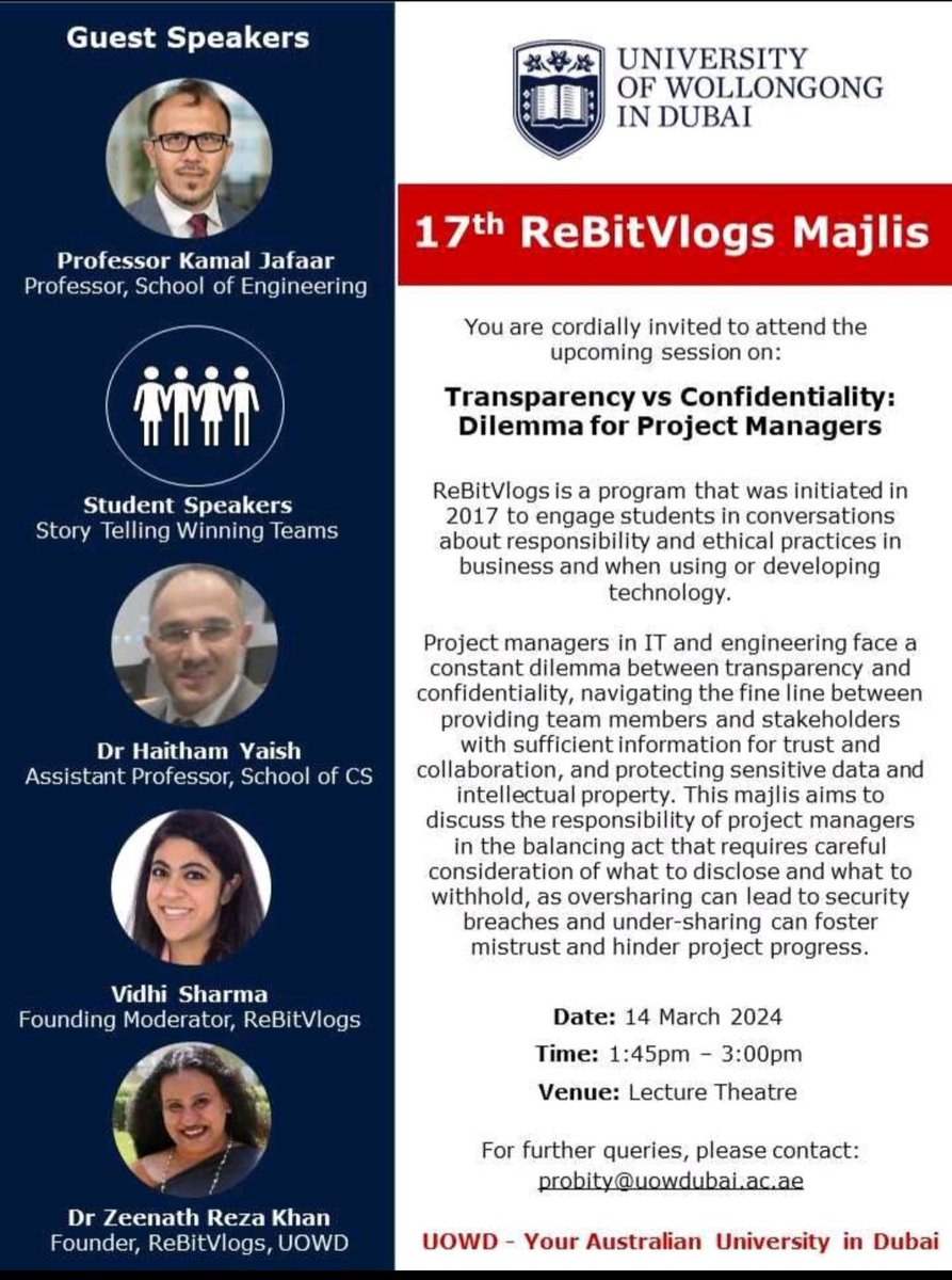 Excited to host the 17th @ReBitVlogs Majlis tomorrow with a great line of student snd faculty speakers! @UOWD @UOW #wil #teachingispassion #ReBitVlogs