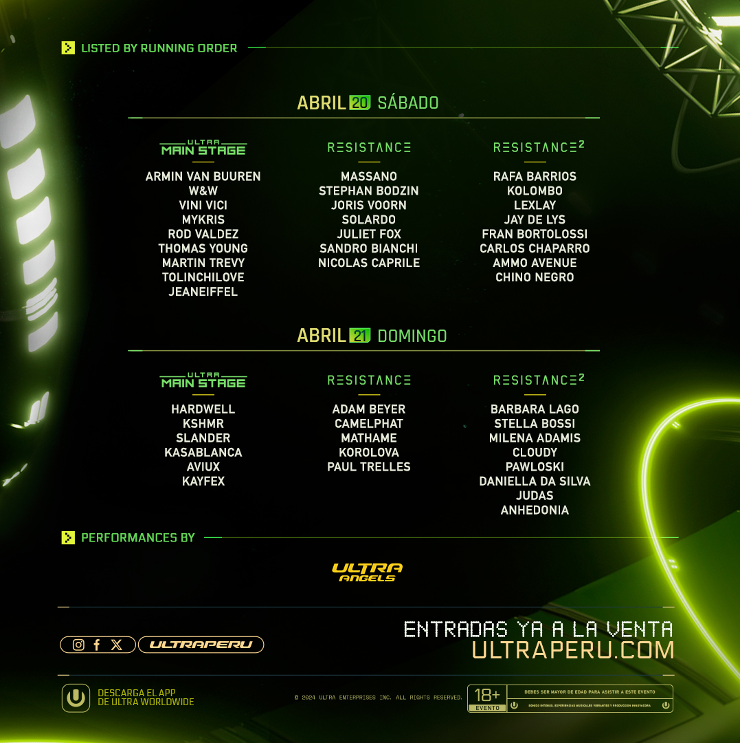 Mientras tanto El full lineup y running order de #UltraPeru2024 esta aquí! 📷📷.
La cuenta regresiva para la edición más grande de ULTRA en Perú empieza oficialmente ahora. 📷📷
20.Abril.2024 #Peru
+ INFO 📷 linktr.ee/nocheselectron…