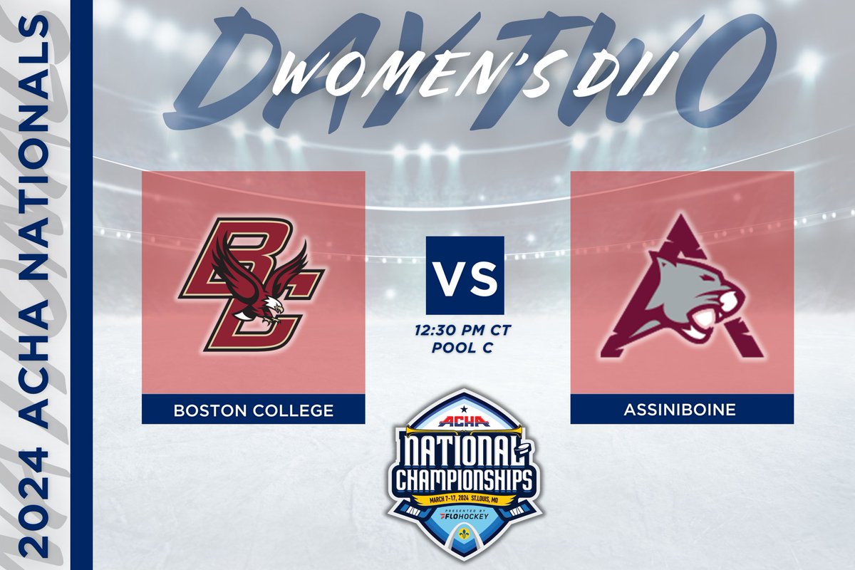 ACHAWomensD2's tweet image. 𝗣𝗢𝗢𝗟 𝗣𝗟𝗔𝗬 𝗚𝗔𝗠𝗘 𝗦𝗧𝗔𝗥𝗧𝗜𝗡𝗚 𝗦𝗢𝗢𝗡
🏒 Boston College (away) vs. Assiniboine (home)
⏰ Time 12:30 PM CT
📍 Rink 1
🎥 flohockey.tv/events/1225332… @FloHockey 
#ACHANationals #ACHAW2
