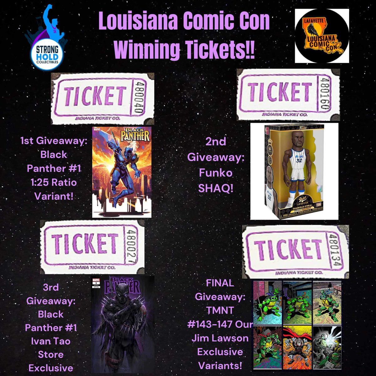 Pictured are the WINNING TICKETS for those who participated with us at the Louisiana Comic Convention!! You have until April 30th to come into the shop & claim your prize for this drawing!  @LAComicCon #shcollects #StrongholdCollectibles  #announcement #winningtickets #winners