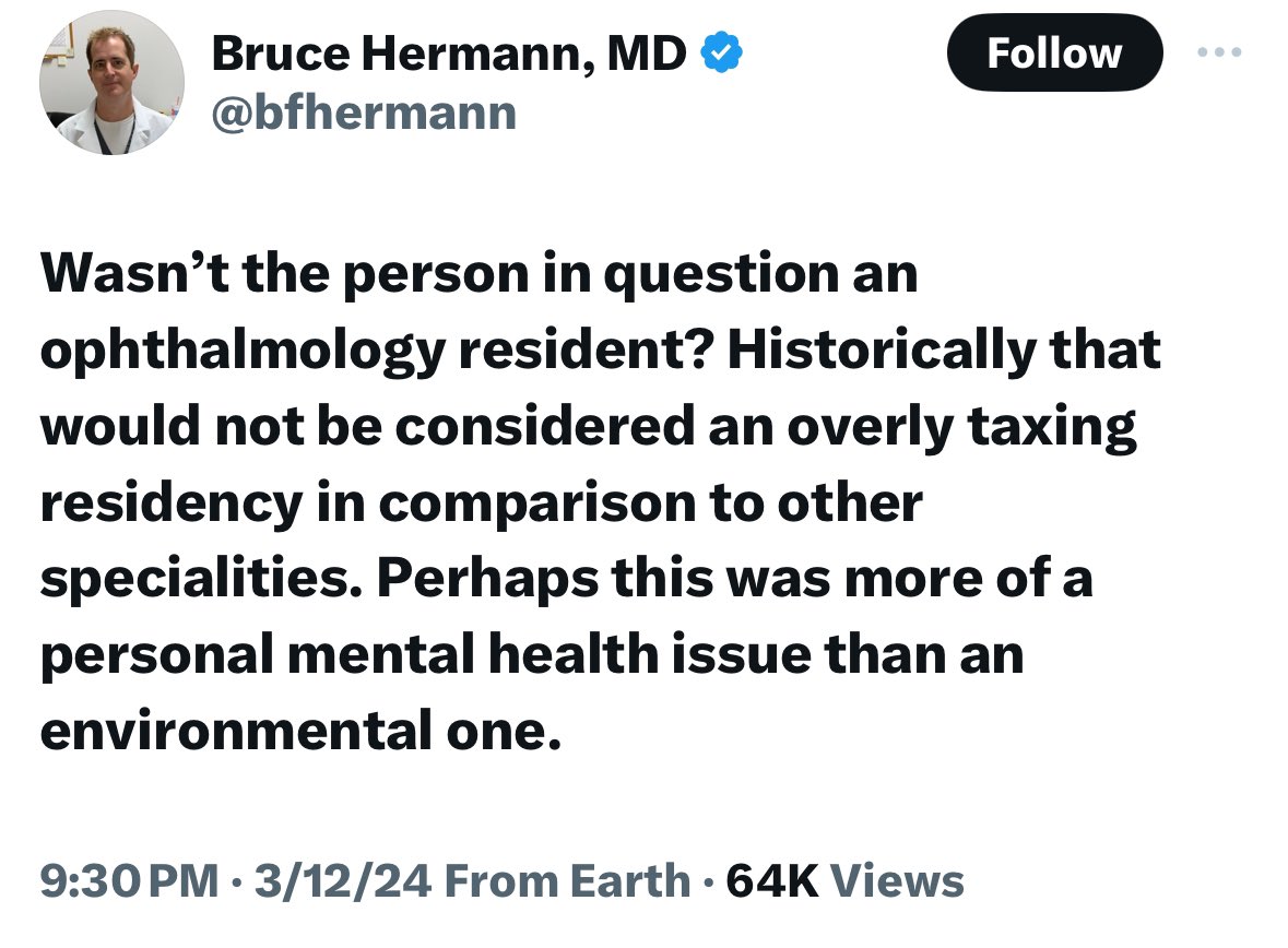 That a doctor would say this👇🏻about another physician’s suicide speaks volumes about a professional culture which prizes “grit” & “resilience” while refusing to acknowledge that work environment is, in fact, a huge determinant of one’s mental health We must do better