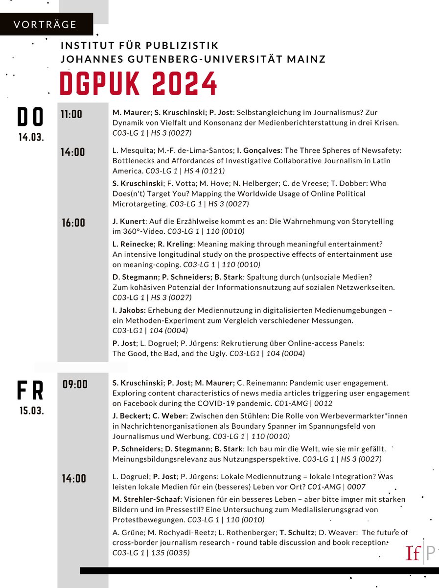 Die @DGPuK2024 steht in den Startlöchern⏲️. Am morgigen Donnerstag geht es an der @unierfurt los mit den ersten Panels. Die Mitarbeitenden des IfP freuen sich auf eine spannende Tagung und sind mit 15 Vorträgen vertreten 👇
#DGPuK2024