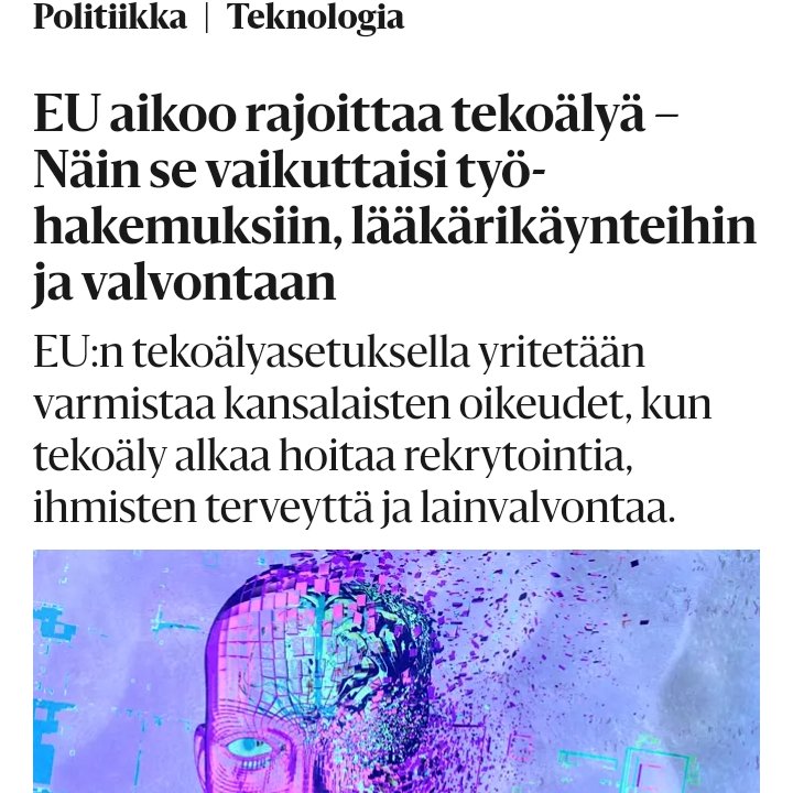 Suviquu1's tweet photo. Tekoäly alkaa hoitaa rekrytointia, terveyttä ja valvontaa.
#Tekoälyasetus #Digitalide https://t.co/pfIXiGR7dt