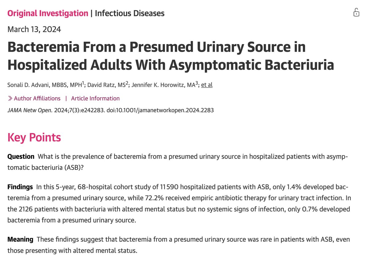 ‼️New in <a href="/JAMANetworkOpen/">JAMA Network Open</a> w <a href="/HMS_MI/">Michigan HMS</a>:  Risk of bacteremia in hospitalized adults with #ASB

Key findings:
In patients with #ASB, bacteremia from a presumed urinary source was rare:
~1.4% overall
<1% in #AMS
<1% in #AMS + #dementia
~3% if signs of sepsis

📰:jamanetwork.com/journals/jaman…