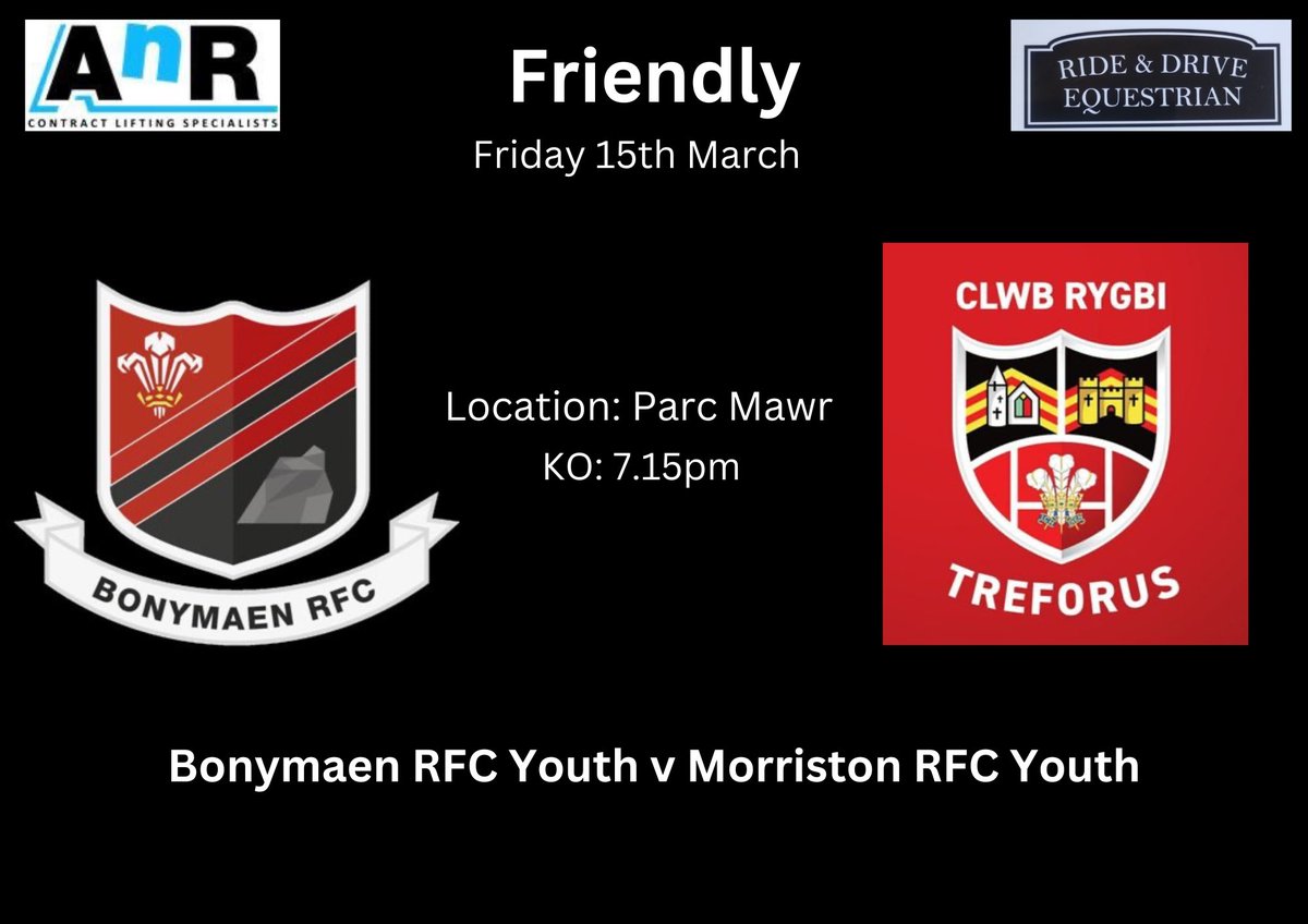 🔴⚫️FRIDAY NIGHT LIGHTS🔴⚫️

This Friday our Bonymaen Youth take on <a href="/MorristonYouth/">Morriston RFC Youth</a> in a mid-season friendly🏉

Come and support the boys and start your weekend right with some grass-roots rugby.

KO - 7:15pm

🔴⚫️🔴⚫️