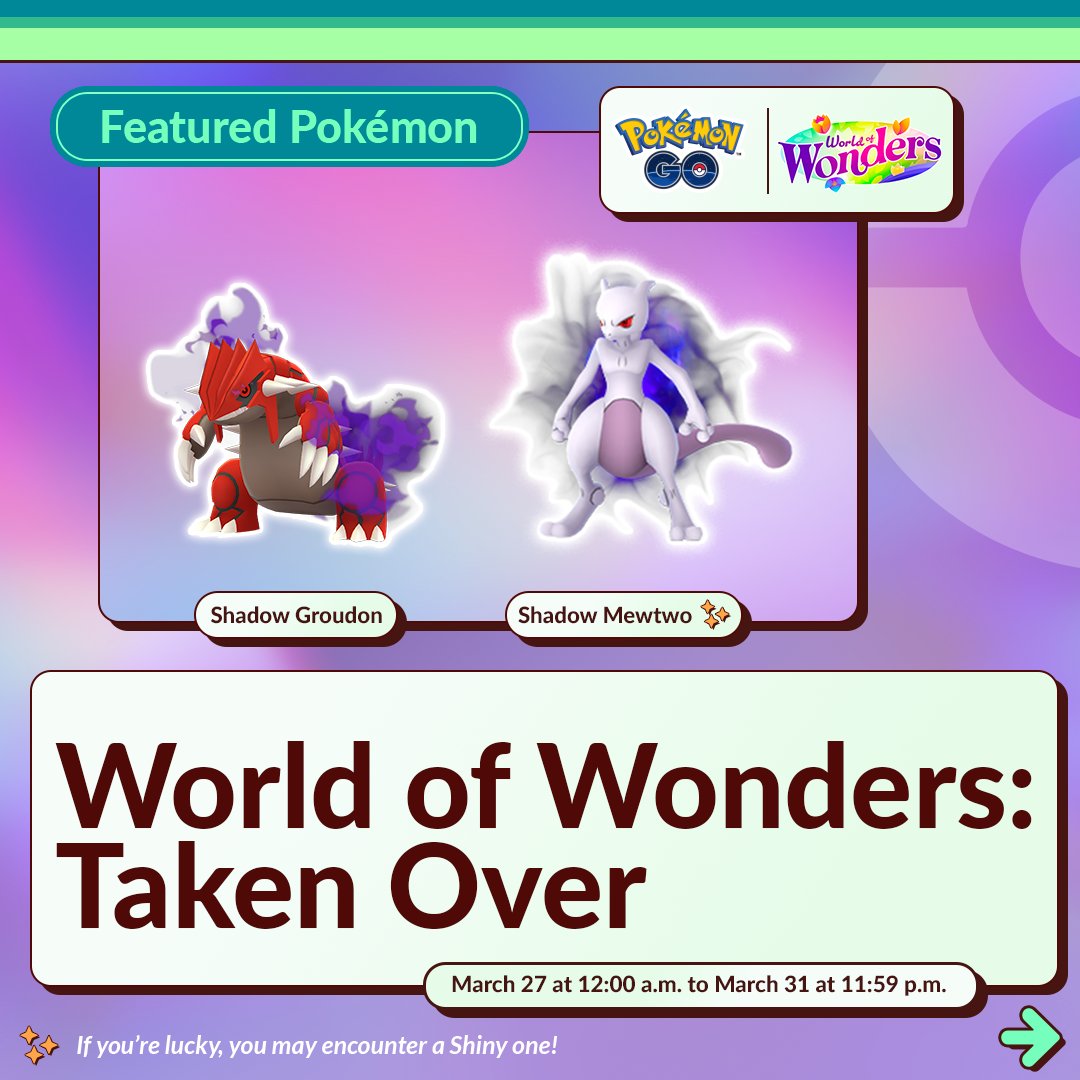 PokemonGoApp's tweet photo. Trainers, get ready to protect the world from Team GO Rocket and Giovanni—and rescue Shadow 
Groudon and Shadow Mewtwo during the World of Wonders: Taken Over event in #PokemonGO! https://t.co/pgpmWgfbOX