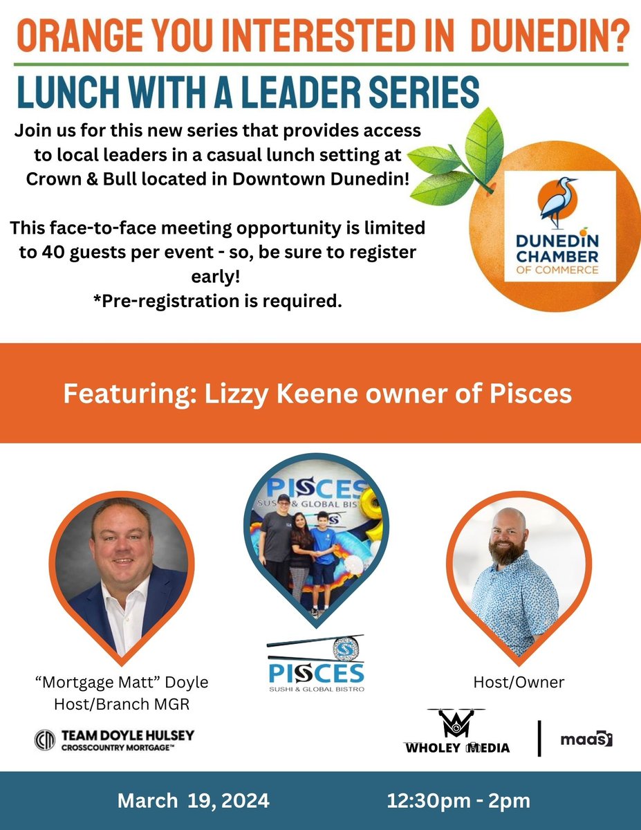 Get ready for our next installment of Lunch with a Leader! Join us at Pisces for an amazing afternoon!🍣 Head on over to the Dunedin Chamber website to register now! Space is limited. cm.dunedinfl.com/events/details… #wholeymedia #lunchwithaleader #dunedinchamber #dunedinliving #net...