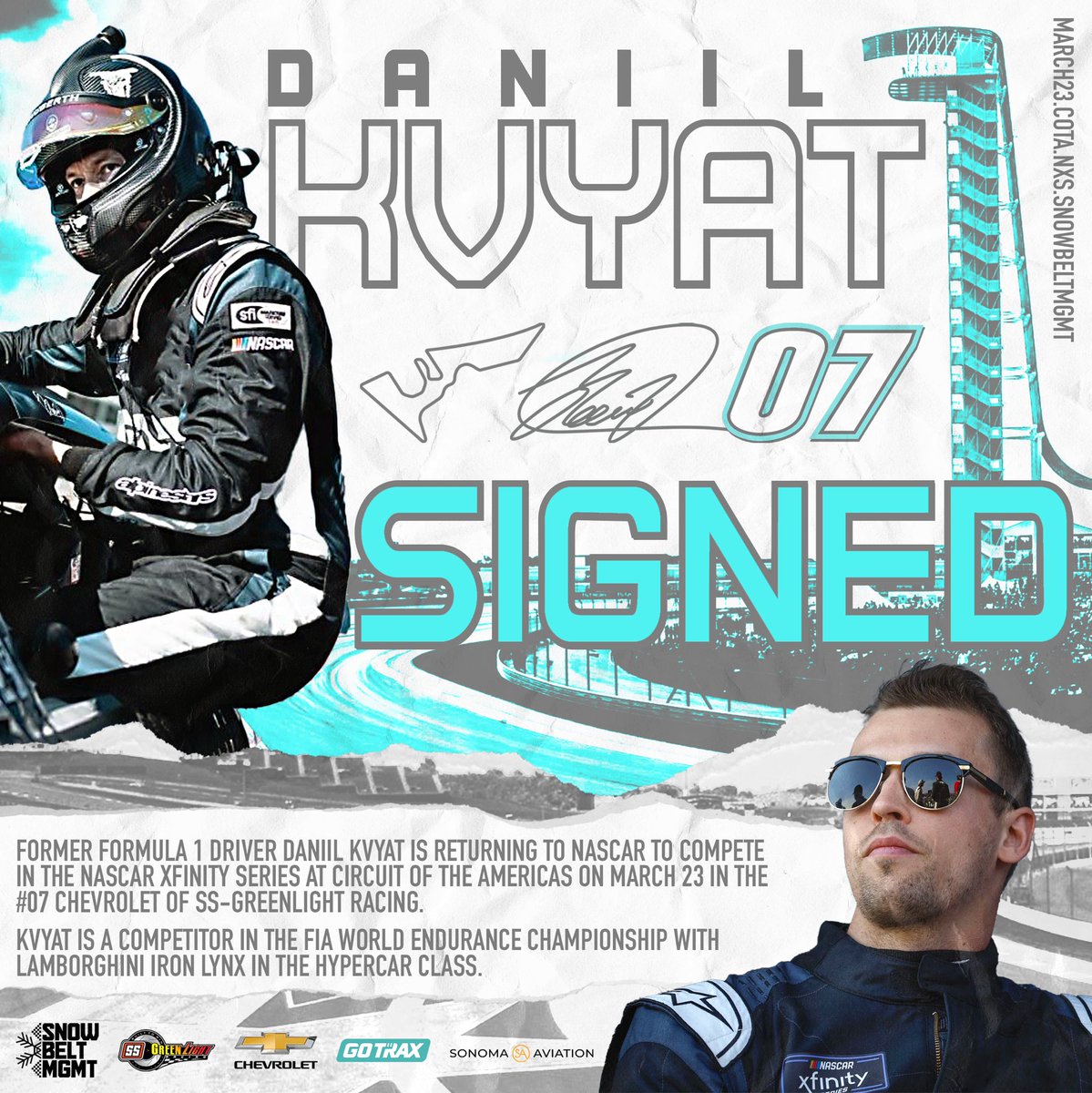 Super excited to announce former F1 driver and current Lamborghini driver <a href="/kvyatofficial/">Daniil Kvyat</a> will drive the #07 <a href="/RideGOTRAX/">GOTRAX</a> Chevrolet in the Focused Health 250 <a href="/NASCARatCOTA/">NASCAR at COTA</a> ! 

#BuiltToWin