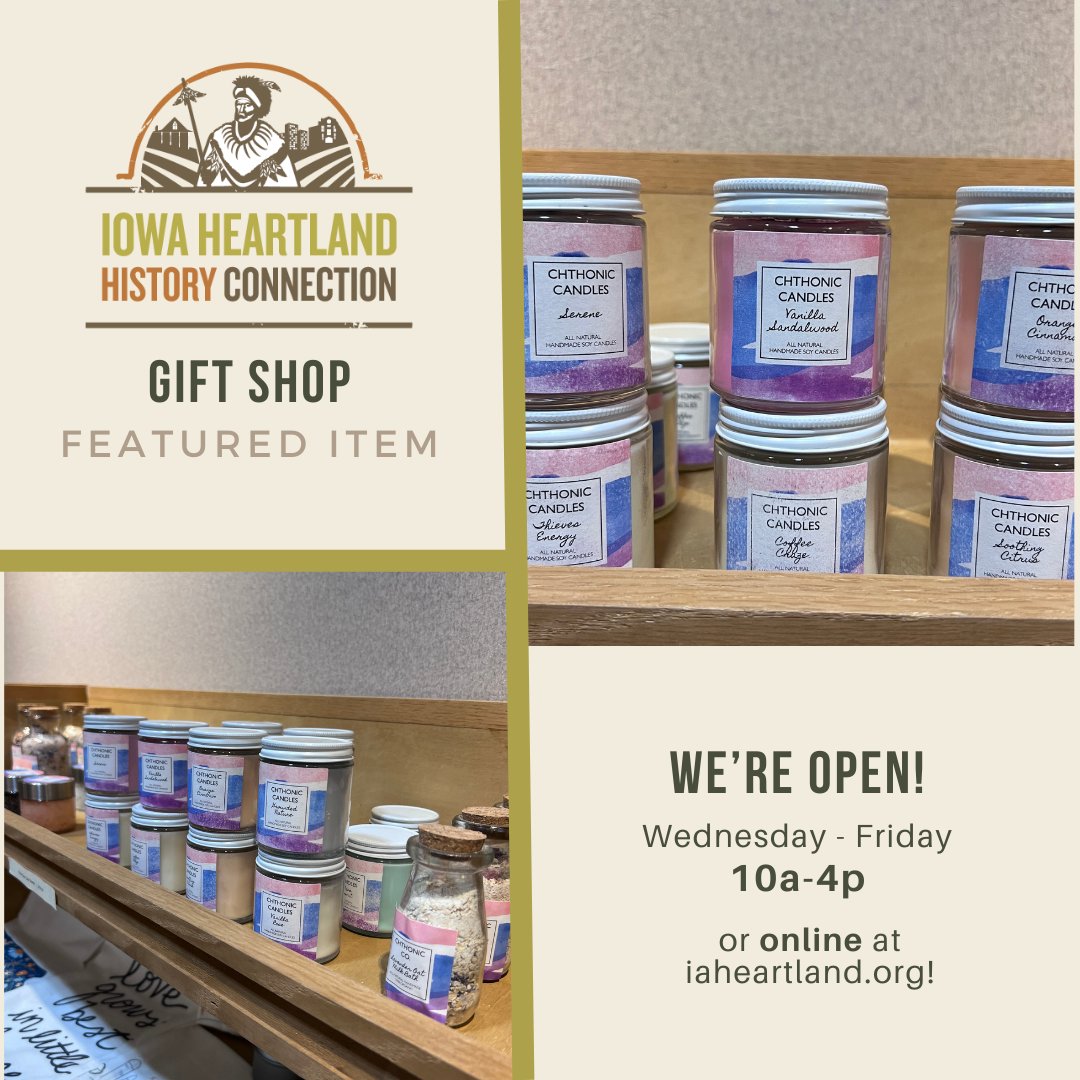 Looking to upgrade your self-care routine? These candles, bath salts, and scrubs from Cthonic Co. are handmade, all-natural, and vegan. Available for purchase at the Iowa Heartland History Connection Musuem gift shop, open W-F from 10a-4p.  #iowamakers #shoplocal #iowahistory