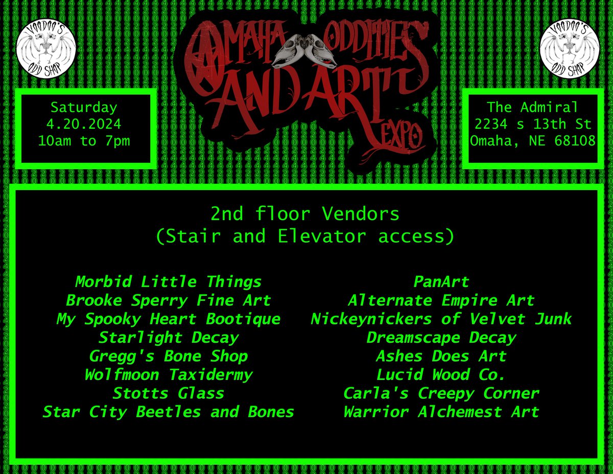 We are about a month away!
Omaha Oddities and Art Expo (Spring 2024)
Saturday April 20th 2024