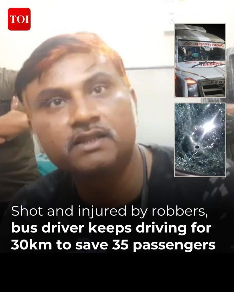 SrikantMatrubai's tweet photo. Driver, Komdev Kawade, protected 35 pilgrims by driving 30km with a BULLET in his arm and outsmarting hijackers near #Nagpur.
Despite ozzing blood, he maintained control, avoided bullets, and successfully reached the #Teosa police station despite the pain and bleeding. https://t.co/7l3T3B0zQT