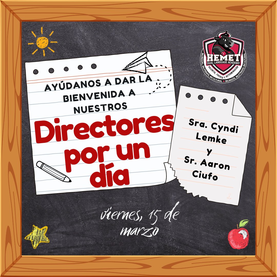 Please join us in welcoming Ms. Cyndi Lemke and Mr. Aaron Ciufo as official HDLA Principals for a Day this Friday, March 15!  We are excited to share the great things happening at HDLA!
#HDLAtoros
#TheHUSDway