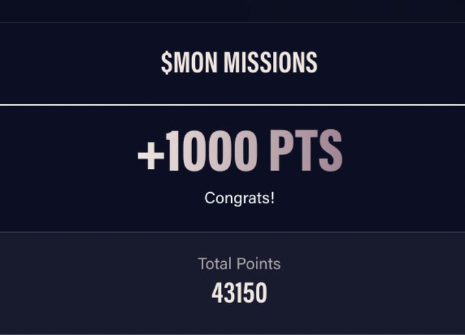 MattsCryptoX's tweet photo. Mon Missions allow you to get $MON airdrop 

Use code: MattCobuzio to get 200 points for FREE!

1) Go here: https://t.co/IrAAAb52xQ
2) Login with X
3) Use code MattCobuzio (for +200 pts)
4) Complete quests
5) Share your referral code!
