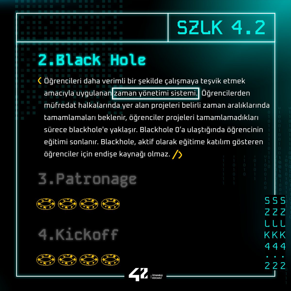 Black Hole denilince aklınıza belki astronomi ve yıldızlar gelebilir 🌌 Ancak 42 İstanbul & 42 Kocaeli’de başka bir anlamı var SZLK 4.2’nin bu haftaki kelimesi 'Black Hole' ne anlama geliyor, birlikte öğrenelim 🔔 Not: Bu 'Black Hole' başka bir paralel evrene çıkmıyor 😄