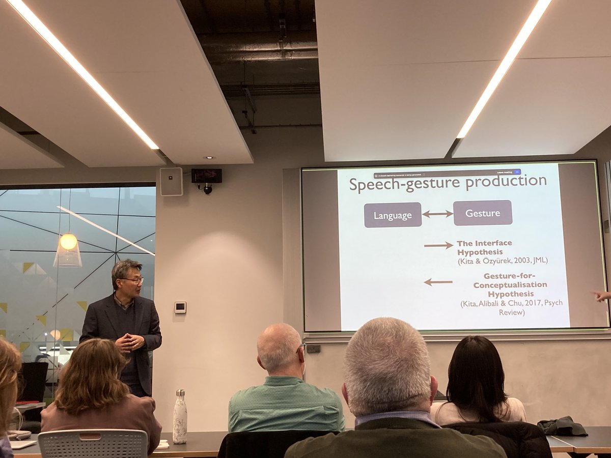 What a treat! <a href="/sotarokita/">Sotaro Kita</a> is the invited speaker to the <a href="/Eng_Lang_UoB/">Ling&Comm@UoB</a> seminar series. He says speech &amp; gesture are two ways of thinking (analytic and imagistic) and these two together are an efficient way to think about the world. Fascinating talk!