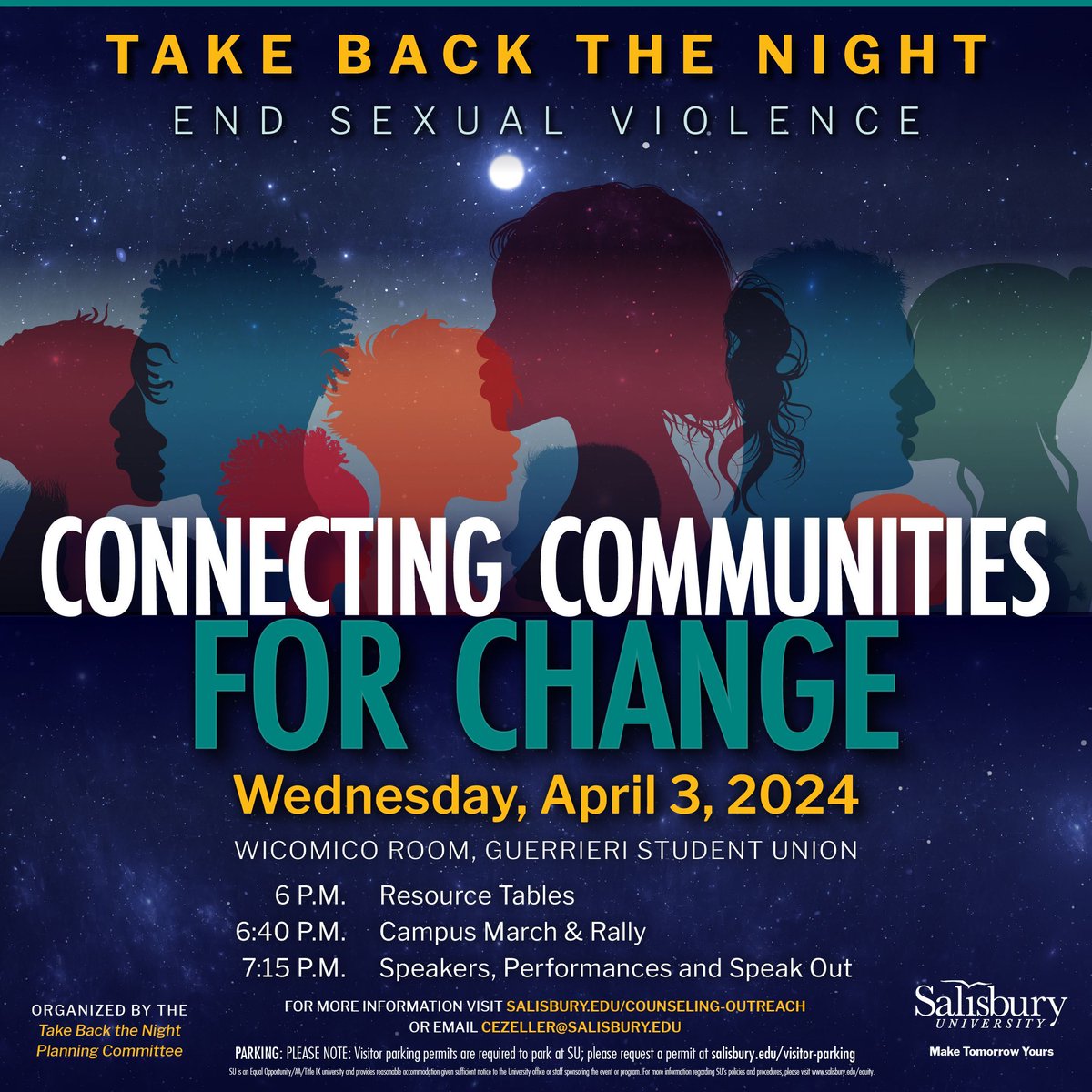 SburyCounseling's tweet photo. We are 3 weeks away from Take Back the Night. Join us on April 3rd at 6pm for a campus march/rally, speakers, performances, and an open mic speak out! https://t.co/gvv5eEWhEZ