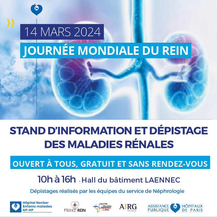 hopital_necker's tweet photo. A l'occasion de la Journée Mondiale du Rein, dépistage gratuit et stands d’information et de sensibilisation vous attendent jeudi 14 mars de 10h à 16h dans le Hall du bâtiment Laennec.
En France, 6 millions de personnes ont les reins malades et l’ignorent : Faîtes-vous dépister. https://t.co/vNHU3Hk6QP