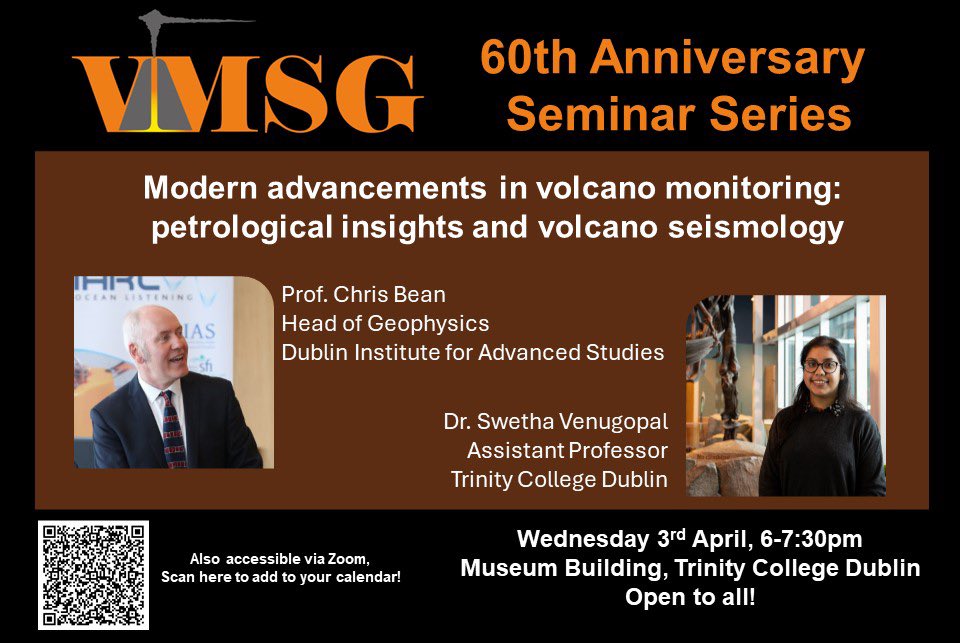 We’re delighted to be hosting the second @vmsg_uk Anniversary Seminar with special talks on advancements in volcano monitoring from Prof Chris Bean @DIAS_Dublin and Dr Swetha Venugopal @TCD_NatSci! The event is open to the public and will be broadcast online.