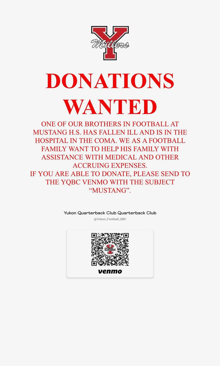The Yukon Quarterback Club will be taking donations in support of the Doran Family. If you want help, use the Venmo link with the subject 'MUSTANG' to donate. #KeepFighting