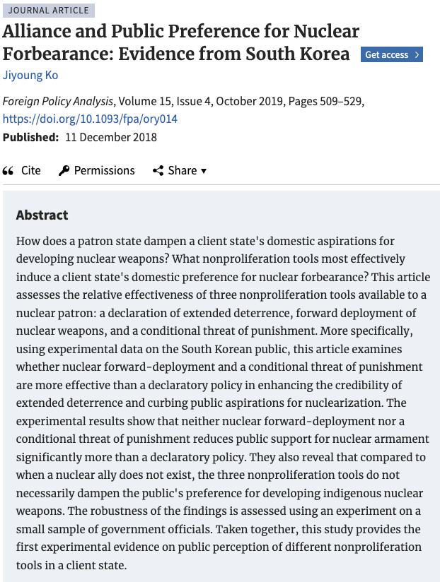 Foreign Policy Analysis (FPA) Journal (@fpa_jrnl) on Twitter photo Happy #WomenInResearch Wednesday! Today, we are highlighting <a href="/jiyoung_ko/">Jiyoung Ko</a> 's work on #Alliances. Using South Korea as a case in her 2019 article she examines how patron states dampen client states domestic aspirations for developing nuclear weapons
academic.oup.com/fpa/article-ab… Happy #WomenInResearch Wednesday! Today, we are highlighting <a href="/jiyoung_ko/">Jiyoung Ko</a> 's work on #Alliances. Using South Korea as a case in her 2019 article she examines how patron states dampen client states domestic aspirations for developing nuclear weapons
academic.oup.com/fpa/article-ab…